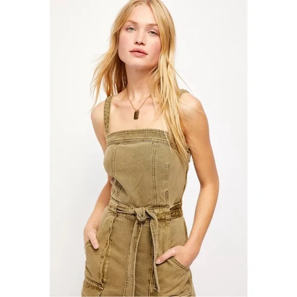 Free People Go West Utility Jumpsuit Moss green size large coverall cargo army L - Picture 4 of 15